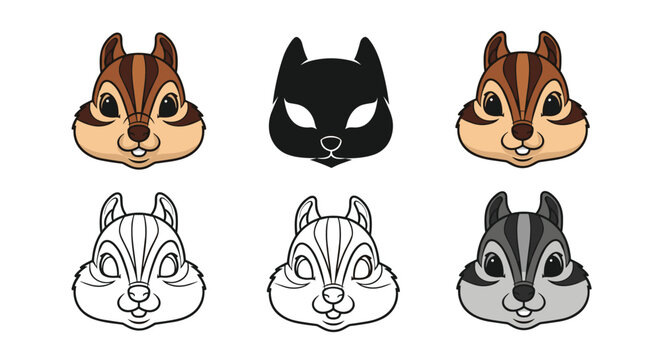 Selection of chipmunk head illustrations featuring full color, silhouette, line art, and grayscale versions on white.