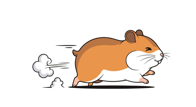 Energetic hamster running very fast with speed lines and a cloud of dust behind it on a white background.