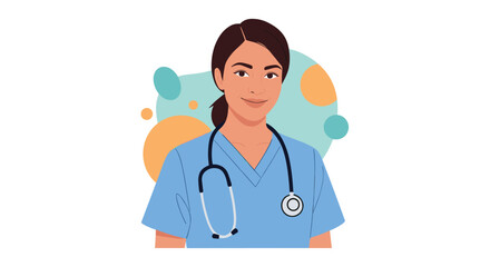 Fototapeta premium Professional portrait of a female nurse or doctor wearing blue scrubs and a stethoscope with abstract shapes.