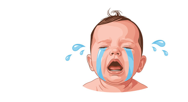 Realistic illustration of a baby boy crying loudly with tears streaming down his face and mouth open in distress.