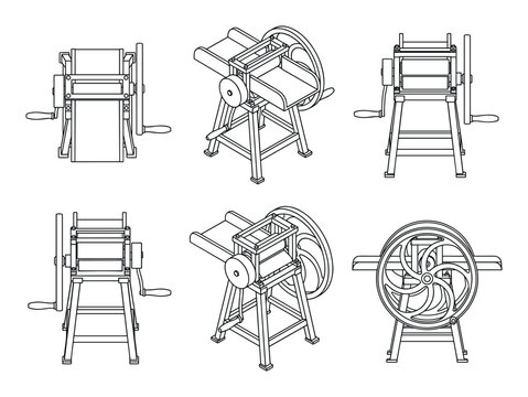 Detailed vector outline illustration of a hand-operated chaff cutter machine shown in six different views.