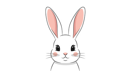 Obraz premium Close-up face of a cute white rabbit with long pink ears and rosy cheeks on a clean white background.