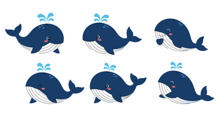 Fototapeta premium Collection of six cute cartoon whales in various poses including spouting water and swimming for aquatic theme designs.
