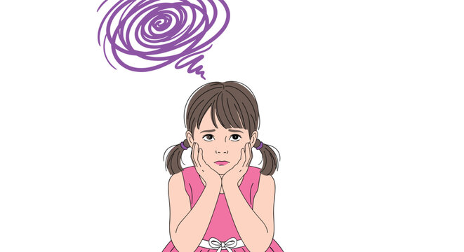Young girl in a pink dress looking worried and holding her face with a purple spiral thought bubble above her on white background.