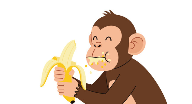 Funny cartoon monkey enthusiastically eating a yellow banana with pieces flying around its mouth on white background.