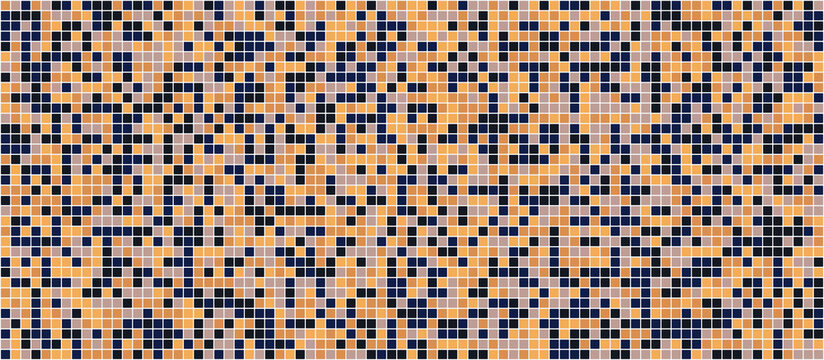 Digital mosaic of randomly arranged blue orange beige and black square tiles