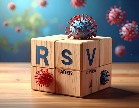 Wooden blocks spelling "RSV" are topped with stylized viruses against a blurred backdrop