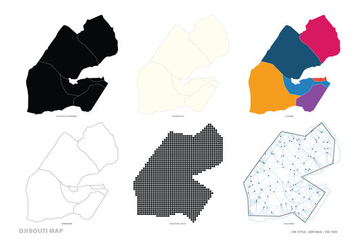 Djibouti map illustrations displaying diverse styles including solid, colored, line art, and mesh.