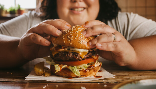 Person happily holds a large delicious double cheeseburger. Perfect for social media posts, menus, food blogs. Person joyfully holds a loaded double cheeseburger, perfectly showcasing delicious fast f