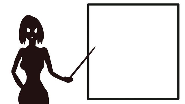 Next to the frame stands a cartoon woman or teacher. She points with a pointer, explains, and teaches and advises.