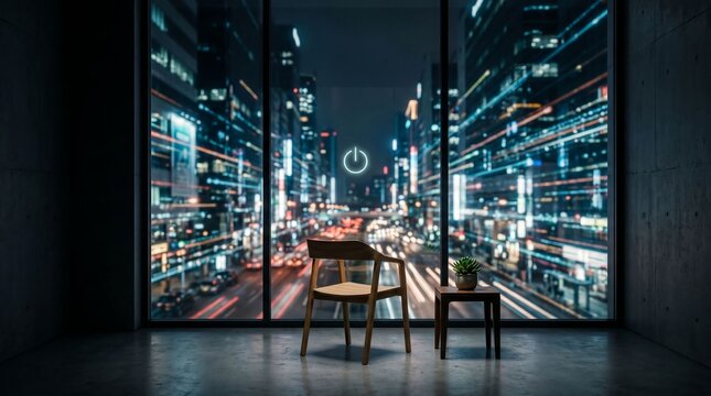 Modern Dark Room with Chair Overlooking Futuristic Cyberpunk Cityscape at Night