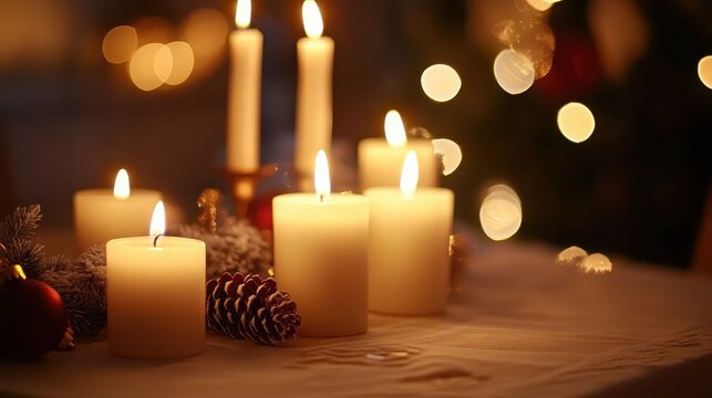 Festive Christmas Candles Flicker Warmly on a Dining Table Set for a Cozy Holiday Dinner