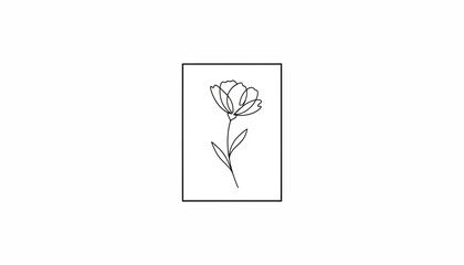 Fototapeta premium Minimalist line art of a single delicate flower with stem and leaves inside a rectangle
