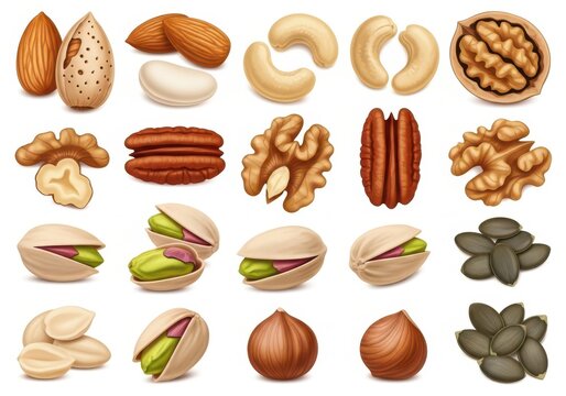 Set of various healthy nuts and seeds in a flat vector style