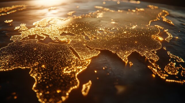 Global trade routes visualized with golden glowing lines connecting major cities across a digital world map