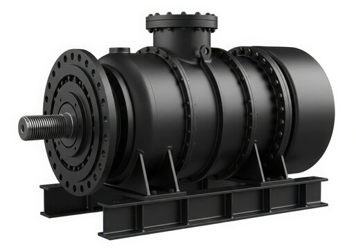 A large industrial gearbox mounted on a sturdy base for heavy-duty applications isolated on white background