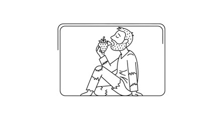 Fototapeta premium Man in torn clothes eating a strawberry, symbolizing hope and simple joys