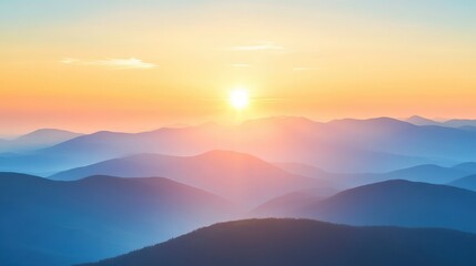 Obraz premium Golden sunrise illuminating layered mountain ranges with a soft, colorful sky