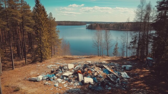 Illegal Waste Dumping Marring a Serene Lakeside Cabin View Amidst Natural Beauty