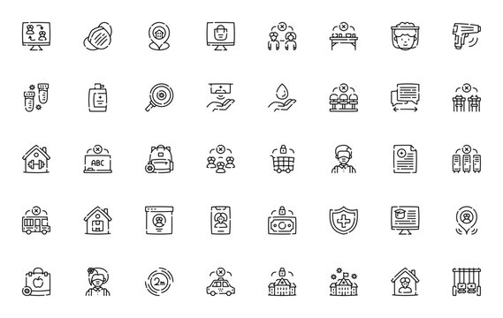New Normality icon set. Vector illustration of video call, face mask, social distancing, online shopping, healthcare, school and more. Editable stroke icons.