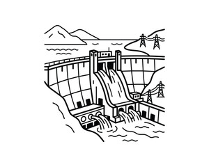 Fototapeta premium Hydroelectric dam wall illustration with water flowing, mountains, and power lines generating energy.
