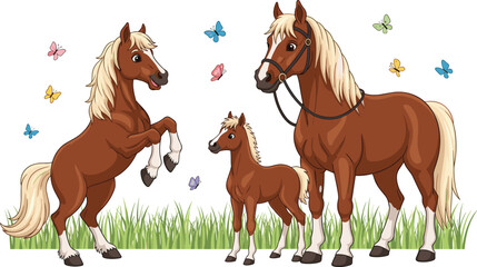 Horse Vector Collection Featuring Cartoon Family Scene with Butterflies and Playful Nature Designs © Abdur