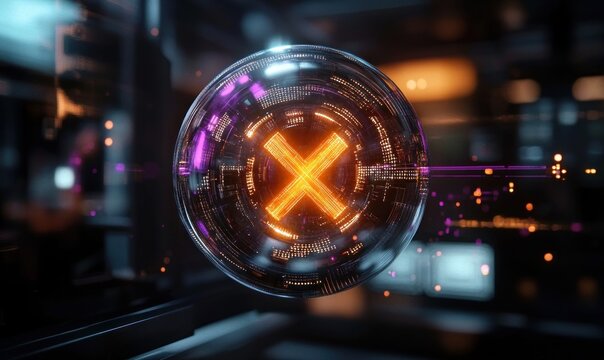 Transparent floating glass sphere with a glowing orange X and circuit-like neon lights in a dark futuristic tech control room, emitting a mysterious warning energy