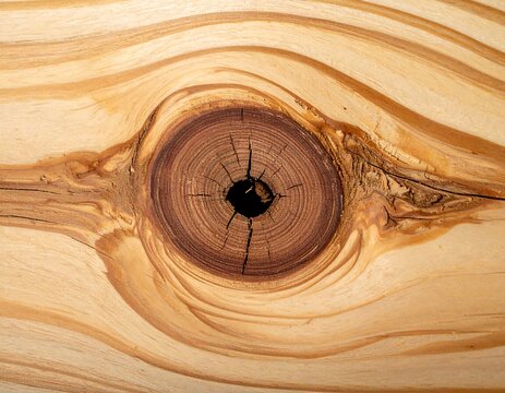 Wooden board surface with a knothole and curved grains in natural yellow and brown hues