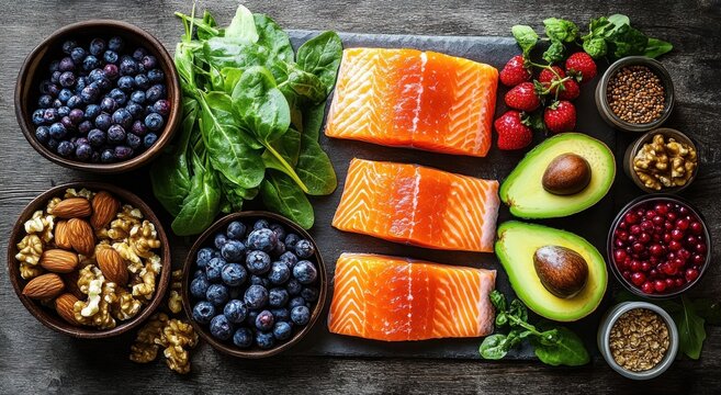 top-down display of three raw salmon fillets with avocado halves, bowls of blueberries, mixed nuts, spinach leaves, strawberries, pomegranate seeds, oats and seeds on a rustic board, vibrant and fresh
