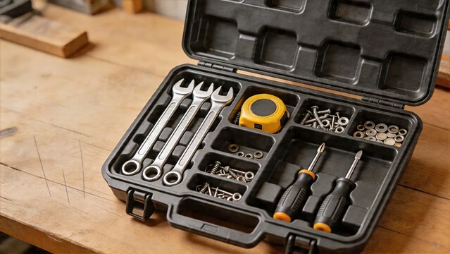 Open toolbox on workbench, practical DIY repair scene
