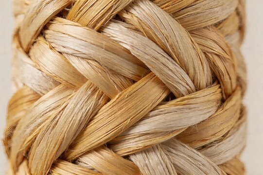 Horizontal Macro of Handwoven Natural Raffia Fiber with Golden Straw Tones
