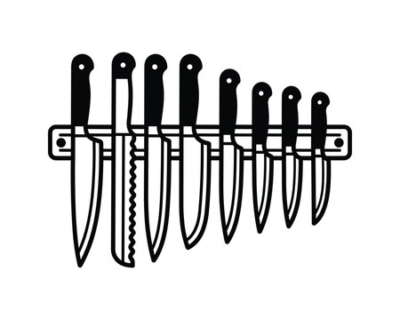 Kitchen knives set hanging on a magnetic strip, black and white line art illustration.