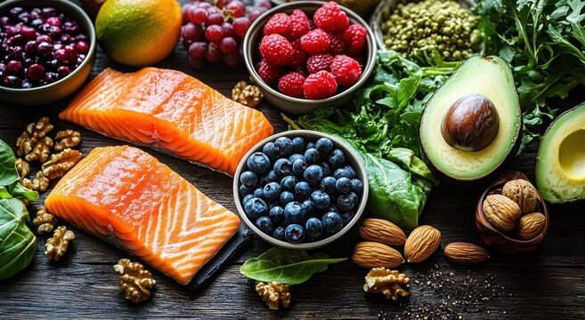 Vibrant healthy spread of raw salmon fillets, bowls of blueberries and raspberries, halved avocado, assorted nuts and leafy greens on a rustic wooden board