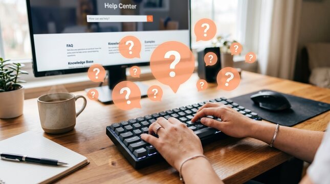 Person typing on keyboard with question marks floating above help center webpage on computer screen