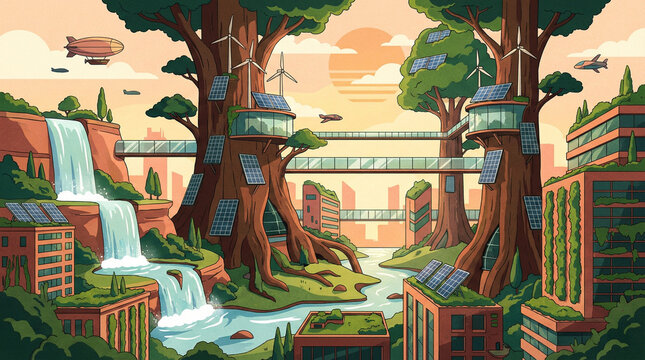 Flat vector illustration of solarpunk eco-city with wind turbines and nature