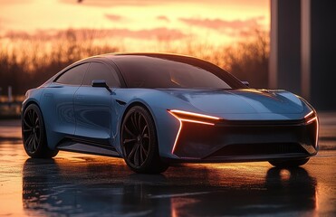 sleek blue electric sports coupe with glowing angular led headlights parked on wet reflective pavement at sunset, exuding elegance and quiet power