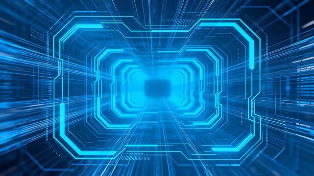 Octagonal holographic interface with flowing light lines in blue
