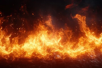 Fototapeta premium Raging wall of orange and yellow flames with glowing embers and smoke rising above a dark scorched surface, dramatic intense and dangerous inferno