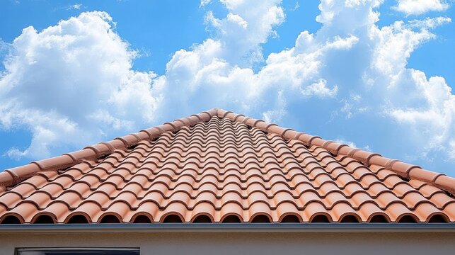 terracotta tiled gabled roof viewed from below with repeating curved tiles under a bright blue sky and fluffy white clouds conveying a calm sunny peaceful mood