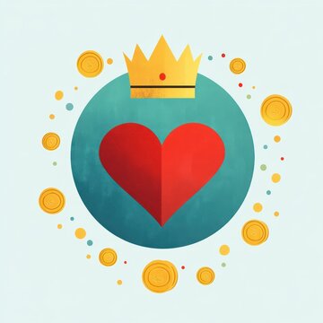 red heart in teal circle crowned with a gold crown, surrounded by gold coins and colorful confetti, joyful triumphant and generous mood