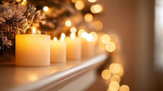 Softly Glowing Christmas Candles on a Mantel with Warm, Blurry Holiday Lights