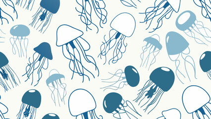 Seamless pattern of hand drawn blue jellyfish on a light background © Raju