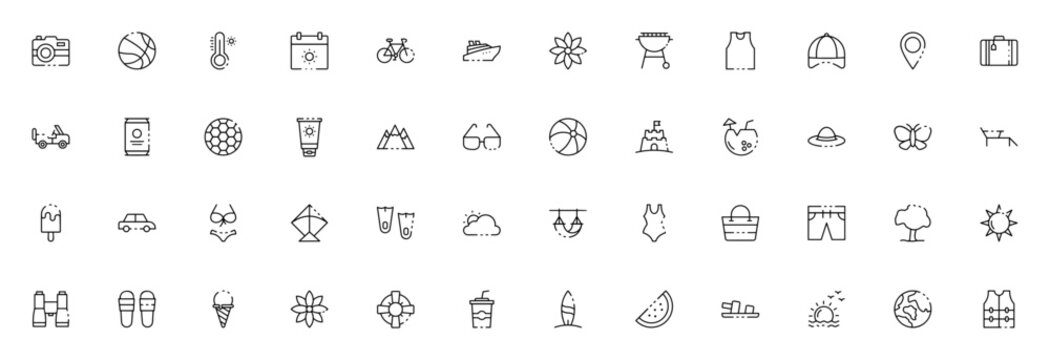 Summer icon set. Vector illustration collection. Includes symbols for beach, travel, vacation, sun, camera, ball, ice cream, swimsuit and more. Editable stroke.