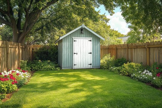sunny backyard with pale blue wooden shed, white double doors, wooden fence, lush green lawn, colorful flower beds and large shade trees, peaceful and serene atmosphere