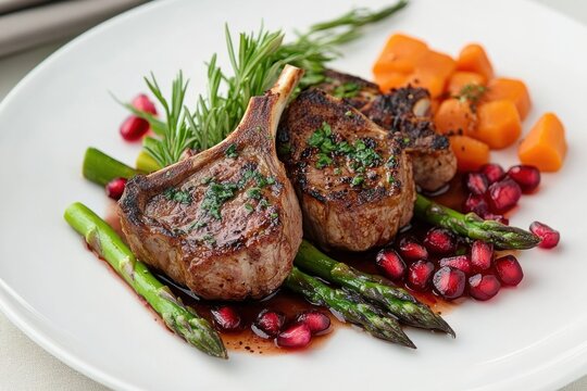 Two grilled lamb chops on asparagus with pomegranate seeds, cubed roasted squash, rosemary and herb garnish on a white plate, elegant appetizing presentation