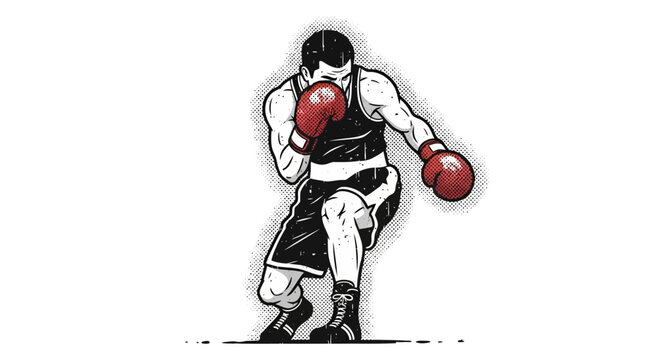 Boxer in stance, red gloves, black shorts, white tank top, vintage style illustration