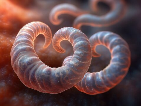 Eerie microscopic close-up of translucent coiled wormlike organisms curling into spirals on a textured reddish surface with soft glowing particles