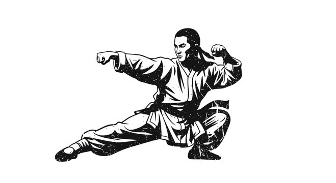 Martial artist in dynamic kung fu pose, black and white graphic illustration