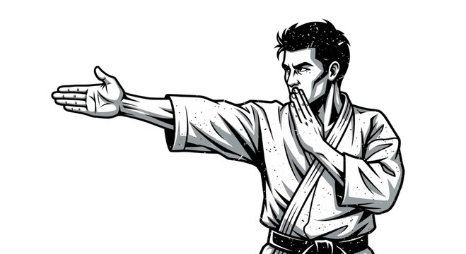 Martial artist in gi performing karate block, dynamic pose, black and white