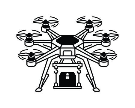 Octocopter drone carrying a delivery package line art vector illustration for logistics and shipping.